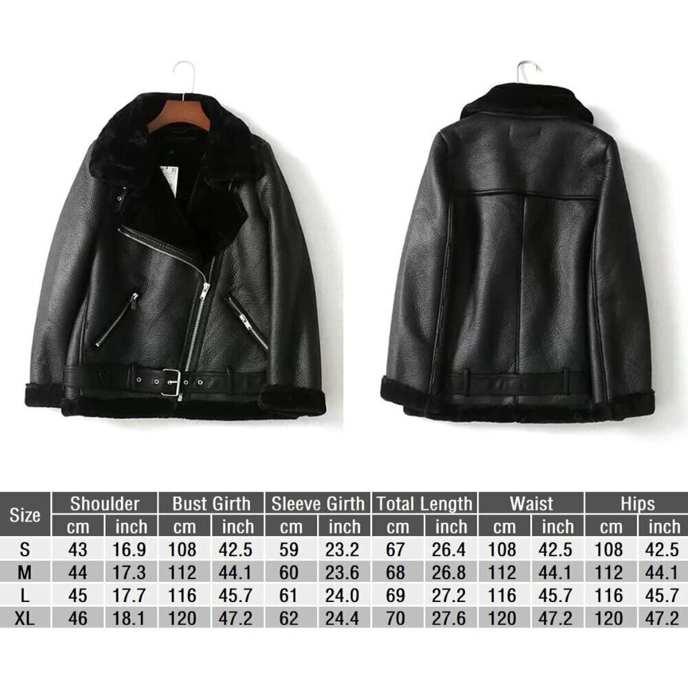 🆕Women Black Faux Shearling Moto Jacket Thick Lined Winter Leather Coat Parka - Picture 7 of 7